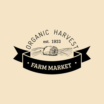 Vector retro farm fresh logotype. Organic premium quality products logo. Vintage hand sketched haystack icon.