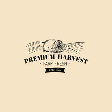 Vector retro farm fresh logotype. Organic premium quality products logo. Vintage hand sketched haystack icon.