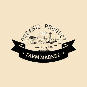 Vector retro family farm logotype. Organic premium quality products badge. Hand sketched rural landscape illustration