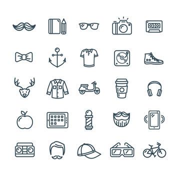 Hipster Icon Black Thin Line Set. Vector