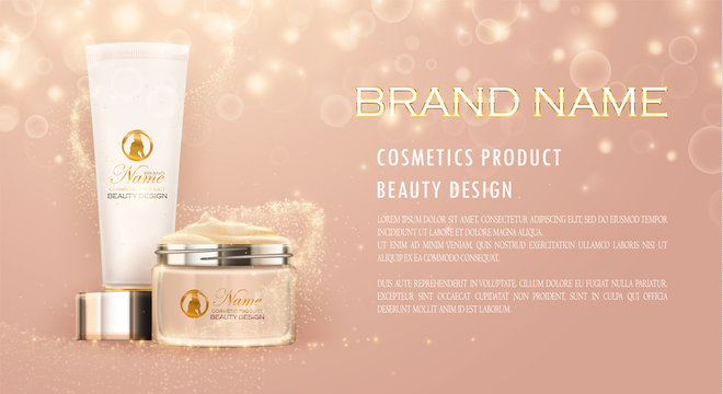 Cream ads, makeup container template. Design cosmetics product advertising, blur and bokeh background, sparkling effect. 3d Vector illustration for cream, soaps, foams, lotions.