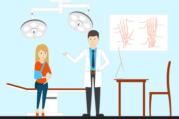 Girl with broken arm. Traumatologist cabinet with doctor and x ray images of broken arm.