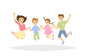 Isolated jumping family. Parents with children jump in happiness and enjoyment.