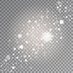 Vector white sparkle stars effect on the transparent background. Realistic glowing light for decoration.