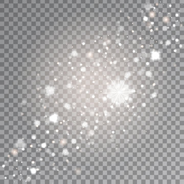 Vector white sparkle stars effect on the transparent background. Realistic glowing light for decoration.
