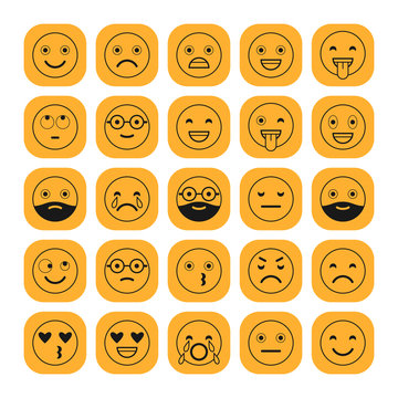 Black linear flat icons of emoticons on orange background. Smile with a beard, different emotions, moods.