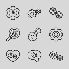 Set of 9 cogwheel outline icons