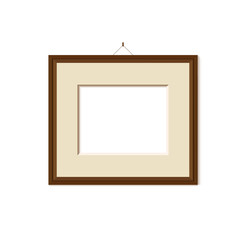 Wooden frame for painting or picture on white background. Classic style composition. Blank picture frame template. Modern design element for you product mock-up or presentation.