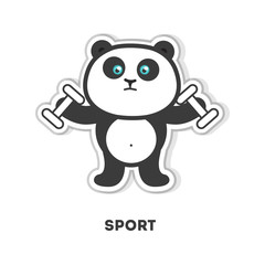 Panda does sport. Isolated cartoon sticker. Barbell