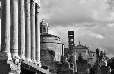 Roman Forum temples and churches along 'Via Sacra' (Sacred Road) Black and White