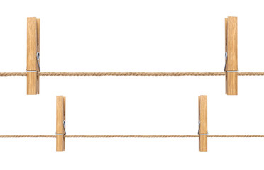 Isolated clothespins. Wooden clothespins on rope isolated on white background with clipping path
