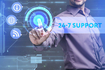 Business, Technology, Internet and network concept. Young businessman working on a virtual screen of the future and sees the inscription: 24-7 Support