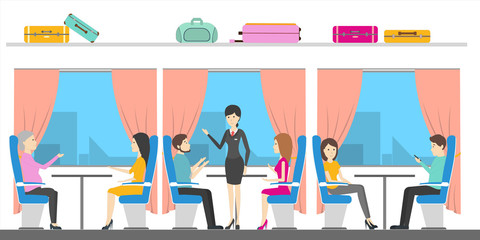 Traveling by train. People sit in the comfortable places. Railway tourism.