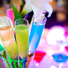 Group of colorful cocktail in glasses.
