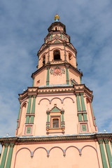 Fototapeta na wymiar Belfry of Peter and Paul Cathedral in Kazan, Republic of Tatarstan, Russia