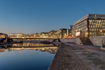 Modern office buildings at the river Spree in Berlin at dawn