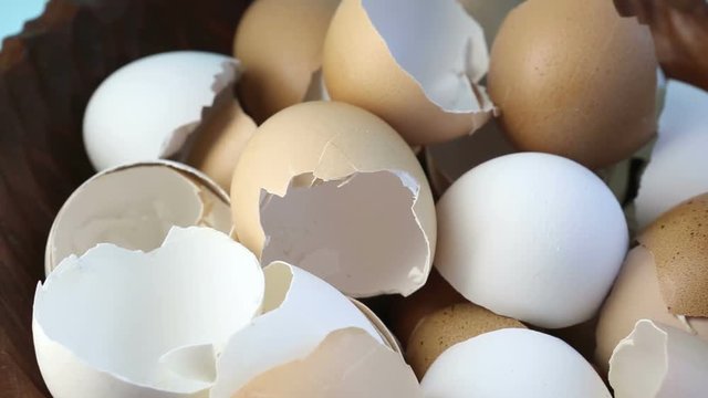 rotating wooden bowl with empty broken egg shells
