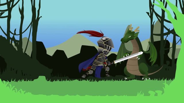 Seamless animation cartoon of a knight warrior fighting and slashing a dragon with his great sword in medieval fantasy RPG game concept 4k loop.