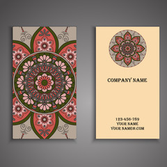 Visiting card and business card set with mandala design element logo. Abstract oriental Layout. Front page and back page