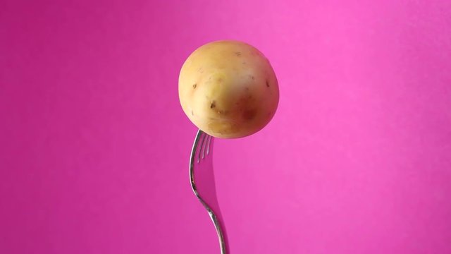 rotating fork with potatoes on purple background

