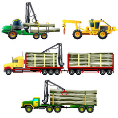 Timber wood trucks, forwarder and skidder forestry vehicles - obrazy, fototapety, plakaty