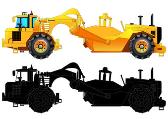  Tractor-scraper. Heavy road machinery, vector, isolated on white
