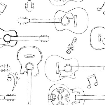 Seamless acoustic guitar and bass guitar sketch pattern