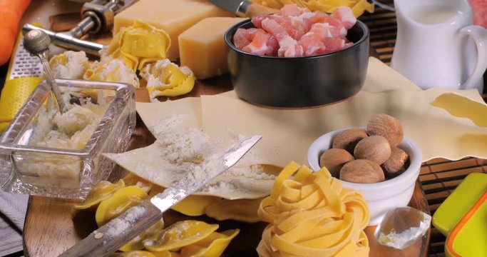 Dolly push in view of ingredient for bolognese sauce for lasagne, tortellini, fettuccine