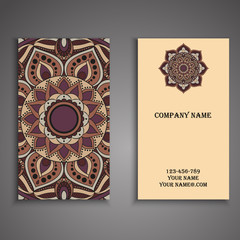 Visiting card and business card set with mandala design element logo. Abstract oriental Layout. Front page and back page - 142944949