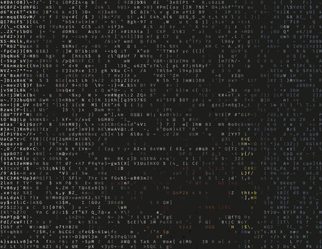 Corrupted source code. Modern vector illustration about computer security. Abstract ascii glitch background. Fatal programming error. Buffer overflow problem. Random signal error. Element of design.