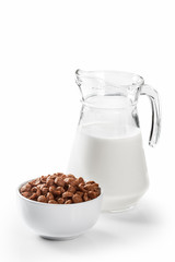 cereal and milk on white background.