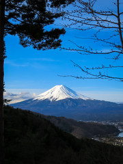 View of Fuji mountain with white snow top, a part of kawaguchiko lake and blue sky background through evergreen trees
