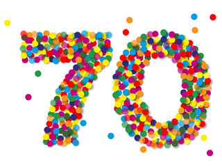 Konfetti Zahlen, Zahl 70, bunt, papier, vektor 