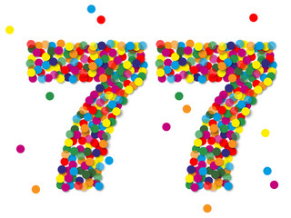 Konfetti Zahlen, Zahl 77, bunt, papier, vektor 