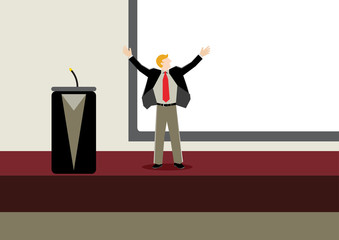 Simple business concept illustration of a businessman at stage do presentation of new product launching