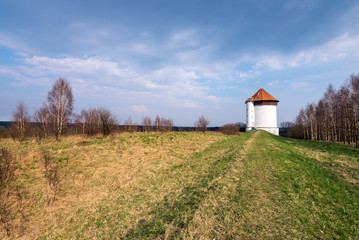 White tower of hydroelectric power plant in Bielkowo. Kashubia, Poland.
