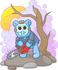 Cartoon teddy bear maniac with chainsaw
