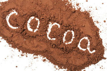 word cocoa written in cocoa powder isolated on white background