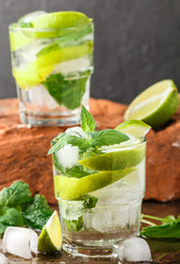 Mojito cocktail or lemonade with lime, mint and ice cubes. Traditional summer refreshing drink. Selective focus