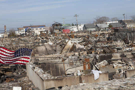 NEW YORK -November12: Destroyed homes during Hurricane Sandy in the flooded neighborhood at Breezy Point in Far Rockaway area  on November12, 2012 in New York City, NY