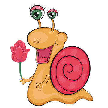Snail with a tulip. Clip art for children. Isolated image on white background.