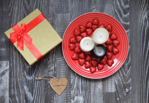 Gift and the candles/ Gift for Valentine`s Day and the candles
