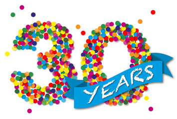 Konfetti Zahlen, Zahl 30 years, bunt, papier, vektor 