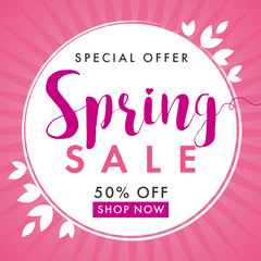 Spring sale pink banner. Special offer spring sale with beautiful pink leaves background, vector illustration. Voucher discount