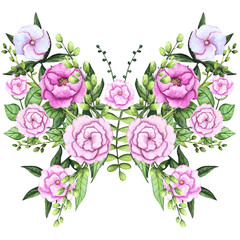 Watercolor Floral Butterfly, Pink Flowers and Green Leaves - 142950576
