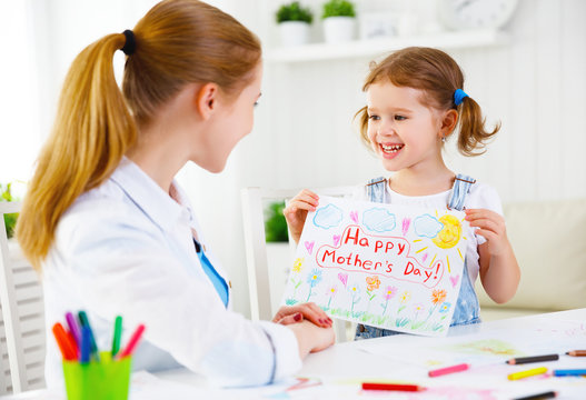 child girl painted postcard for mom to mother's day