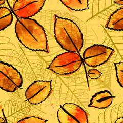 Fototapeta na wymiar Seamless pattern with watercolour drawings of yellow leaves