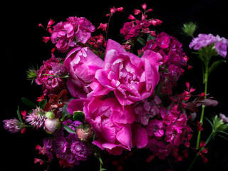 Summer flower bouquet of Peonies, Sweet William and Pink Dianthus on black background