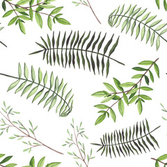 Seamless Pattern of Watercolor Leaves, Branches and Ferns