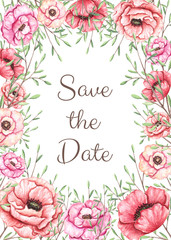 Save the Date Card Template with Watercolor Poppy and Leaves